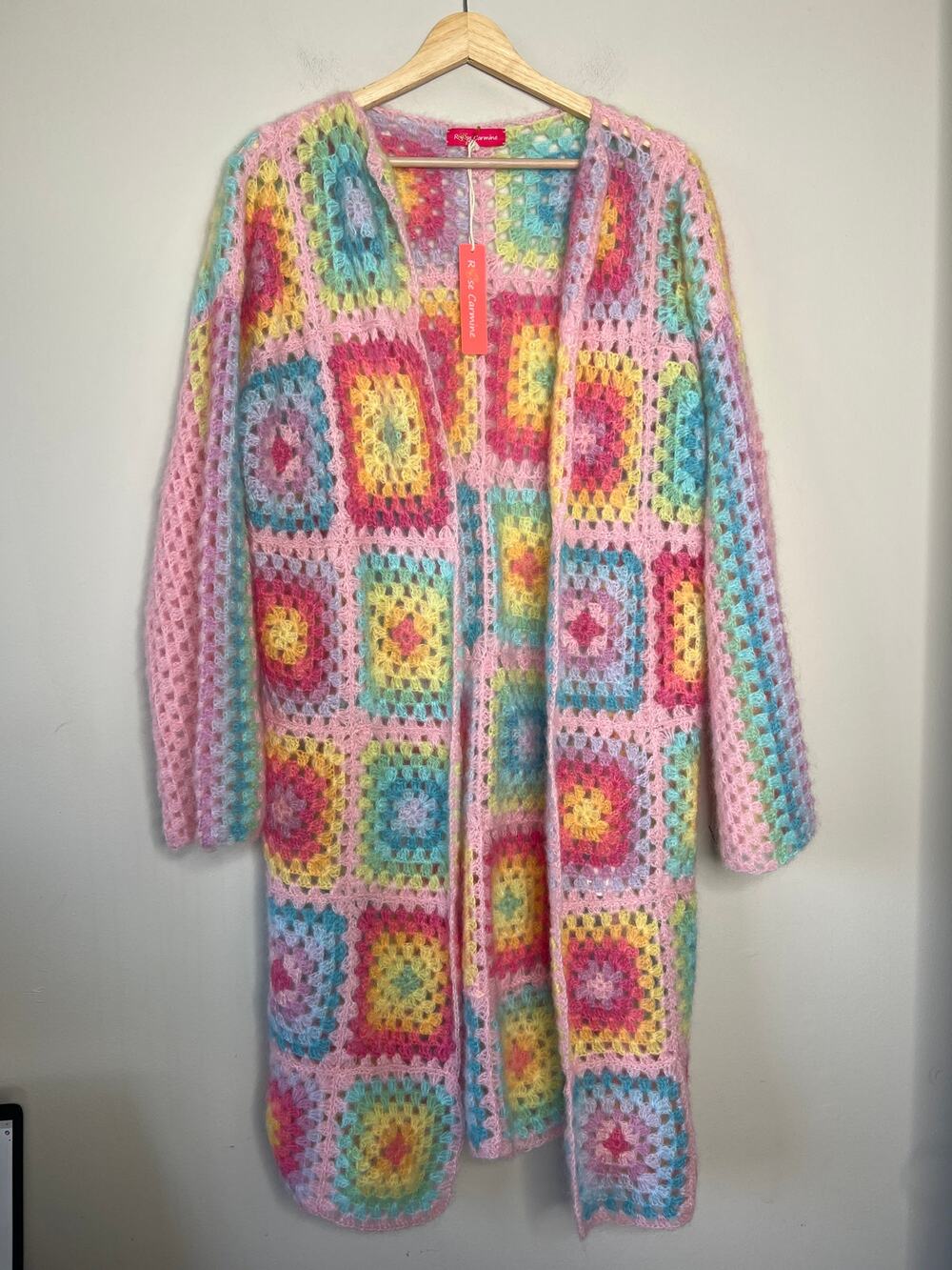 NWT Rose Carmine Mohair Crochet Grandma Squares Long Cardigan